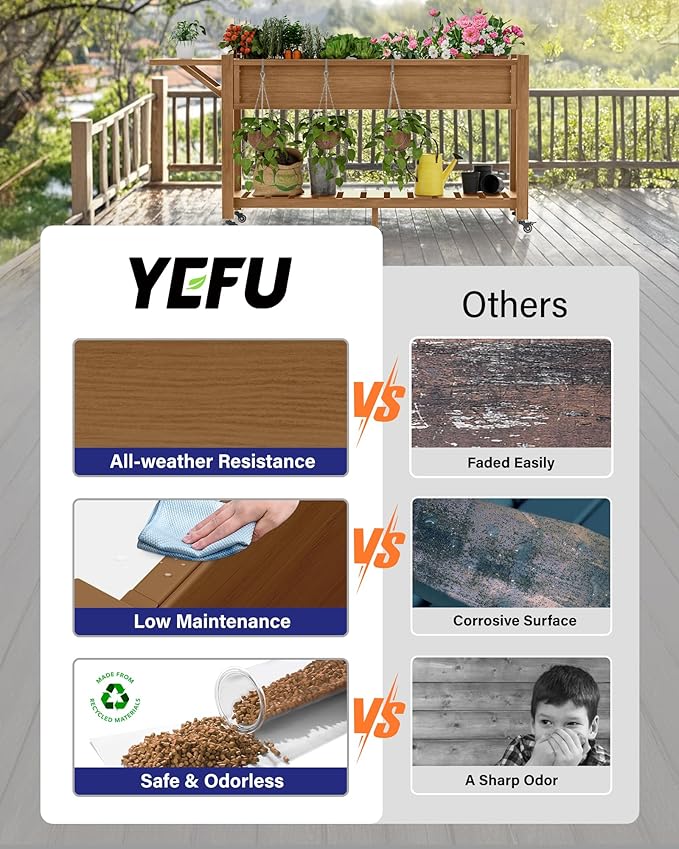 YEFU Raised Garden Bed with Legs: 57x18x30in Elevated Poly Planter with WheelsWaterproof Mobile Raised Bed Garden Elevated Planter Box Stand with Storage Shelffor HerbCarrotTomato (Teak4pcs)