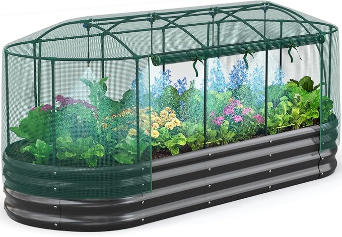 Quictent Galvanized Raised Garden Bed Kit with Self Watering System and Mesh Cover Large Oval Metal Outdoor Planter Garden Boxes for Vegetables Herbs Flowers 8x3x1Ft