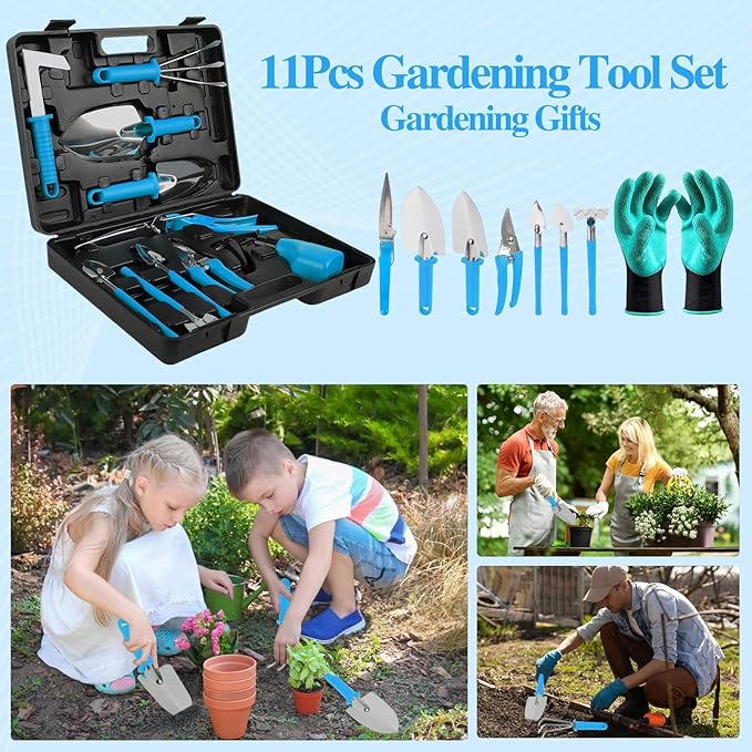 Gardening Tool Set 11 Pieces Gardening Tools with Carrying Case Garden Tool Kit for Digging Planting Pruning Unique Gardening Set with Gloves for Women and Men (Blue)