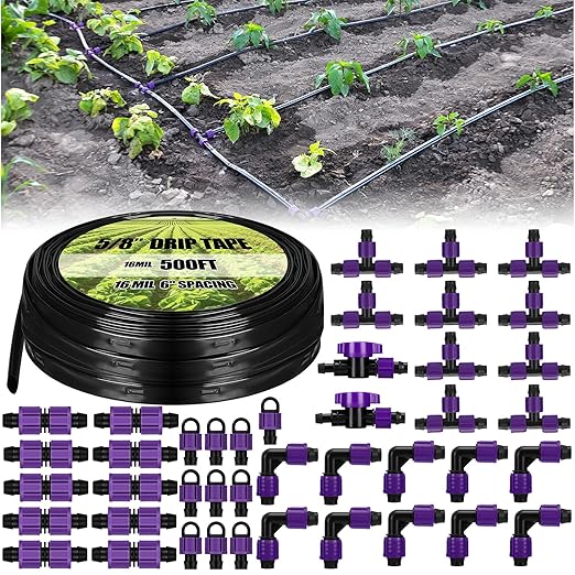 Tondiamo 500' 5/8 Inch Drip Tape Irrigation Tubing Kit 16 Mil 6 Spacing Garden Hose Watering Tube Line Automatic Equipment for Garden Irrigation System Farms Landscape Lawn