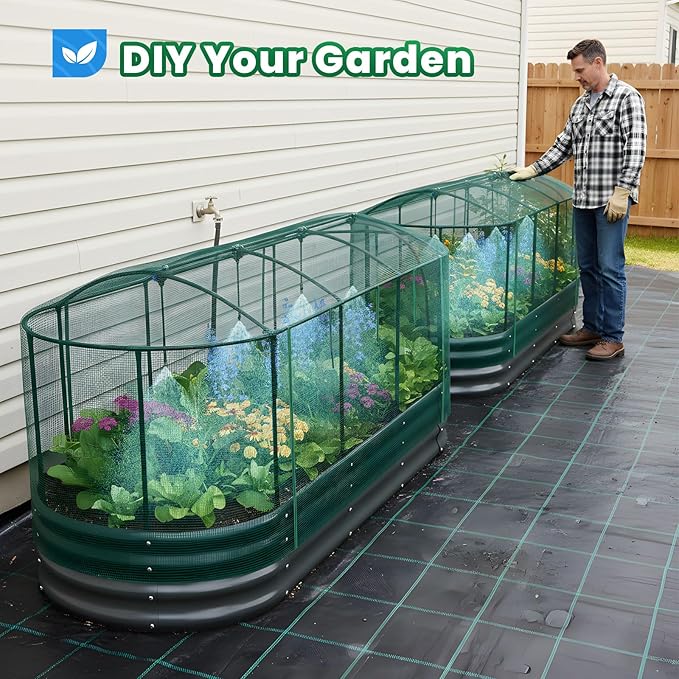 Quictent Galvanized Raised Garden Bed Kit with Self Watering System and Mesh Cover Large Oval Metal Outdoor Planter Garden Boxes for Vegetables Herbs Flowers 8x3x1Ft