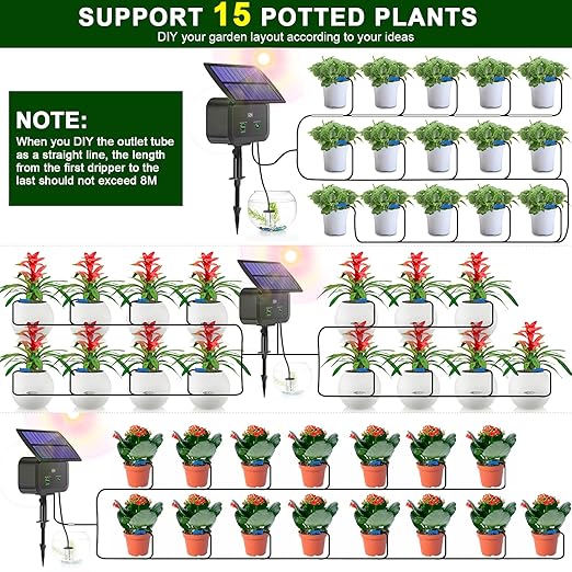 LCD Display Solar Drip Irrigation System Kit 30 Working Modes &amp 10 Watering Interval Solar Powered Drip Irrigation Kit Supports 15 Potted Plants 2200mAh Automatic Watering System for Garden