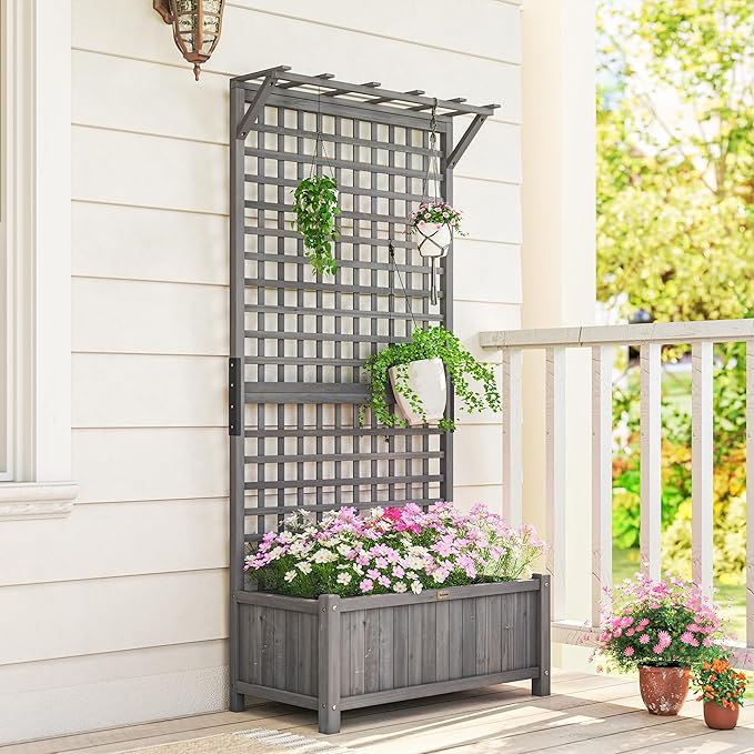 Outsunny Wood Planter with Trellis Raised Garden Bed for Climbing Plants w/Drainage Holes and Roof 35.5 x 17.75 x 72 Dark Gray