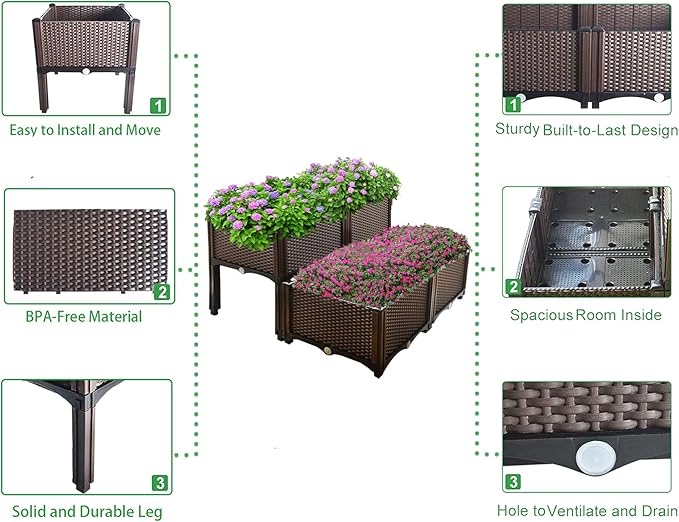 Plant Grow Box Elevated Raised Garden Bed Kits Fit for Flower Vegetable Grow Brown 4-piece Set
