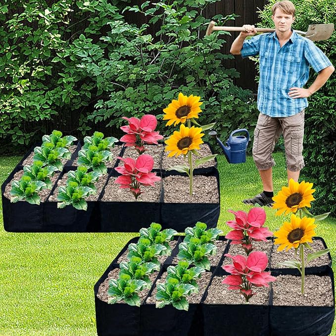 2 Pack Fabric Raised Garden Beds128 Gallon 8 Grids Thickened Rectangle Plant Grow BagsReusable Outdoor Gardening Planting Container Planter Pot for Growing Herbs Flower Gardening Vegetables Chillies