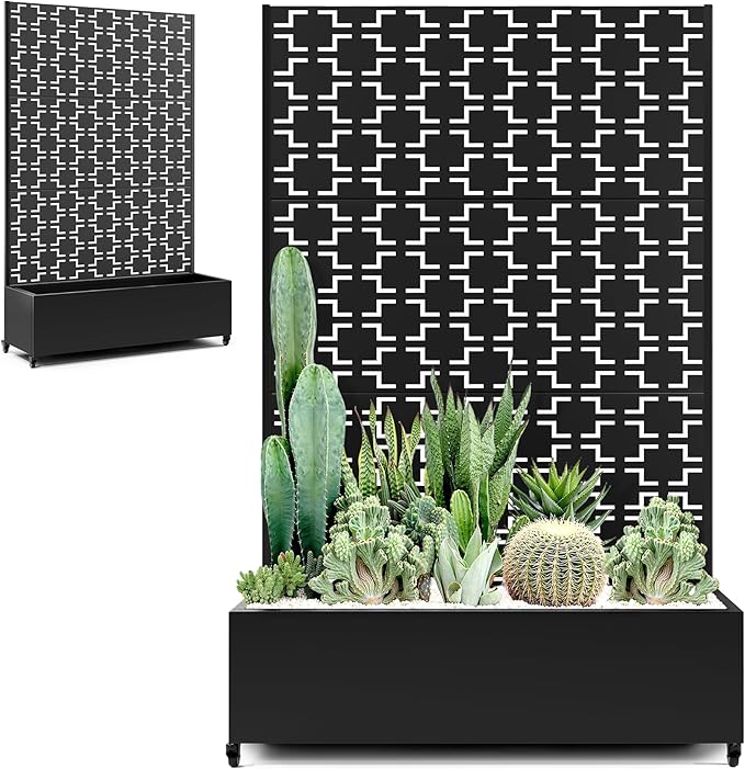 Metal Large Planter Box with Trellis Privacy Screen Outdoor Raised Garden Beds with Wheels for Climbing Plants Vines Outdoor Standing Flower Beds with Drainage Holes (47L Black Square)