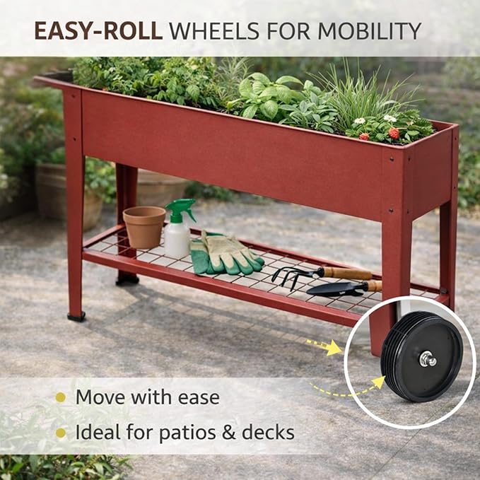 InSideOut Elevated 40 Raised Garden Bed Outdoor with Wheels &amp Shelf for Mobility Metal Planter Box for Vegetables/Herbs Patio-Balcony-Backyard (Red)