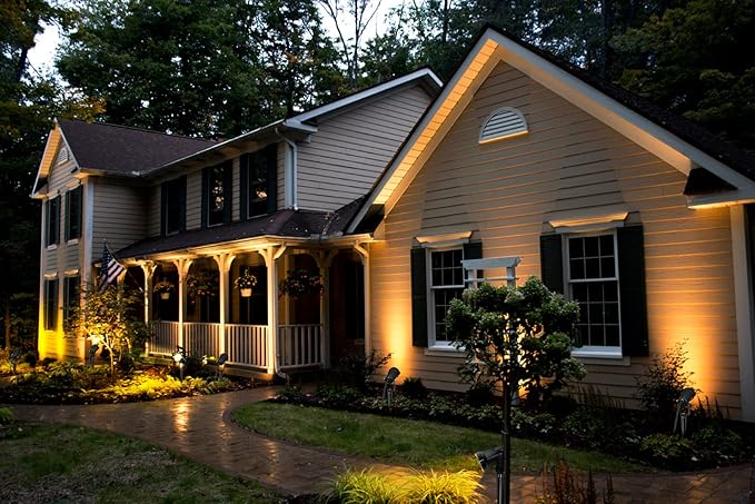 Landscape Lighting Outdoor LED Low Voltage Landscape Lights 7W 900LM Waterproof 12V Garden Lights Flag Landscape Spotlights with Spike Stand Warm White Light (10-Pack with Connector)