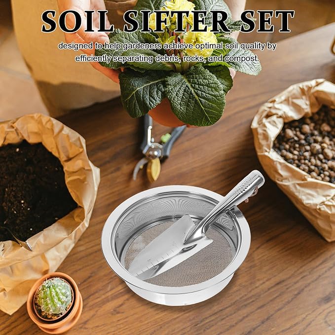 Stainless Steel Soil Sifter Set 1/3/6/9/12mm Mesh Screens Shovel for Garden Compost Screening Soil Filtration for Gardening