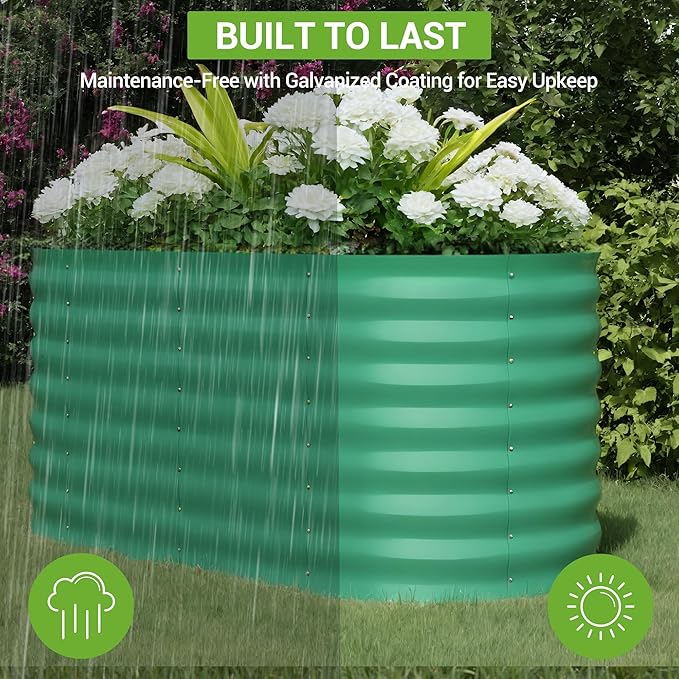 IDEALHOUSE Galvanized Raised Garden Bed Outdoor 24” Tall Metal Planter Box Large Garden Beds for Vegetables Flowers Herbs Rust-Resistant Steel Planter with Anti-Cut Edges Easy Assembly Beige