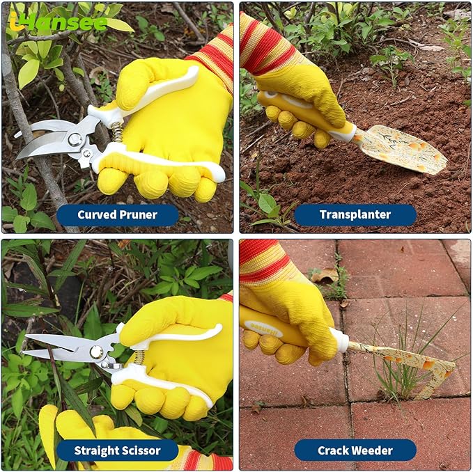 Yellow Garden Tools Set for Women iHansee 10-Piece Gardening Tool Kit with Handbag Non-Slip Ergonomic Handles Gardening Gift for Women Mom Garden Lovers