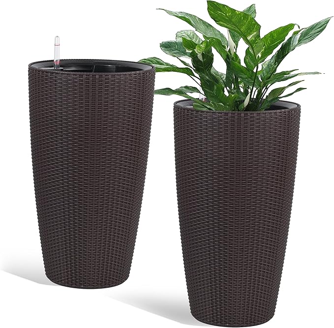IndoorOutdoor The Appearance is Made of Rattan Planter22.5 inch Brown Plastic Large Plant Pot with Automatic Watering System for Home and G (Brown 22.5 inch 2 Pack)