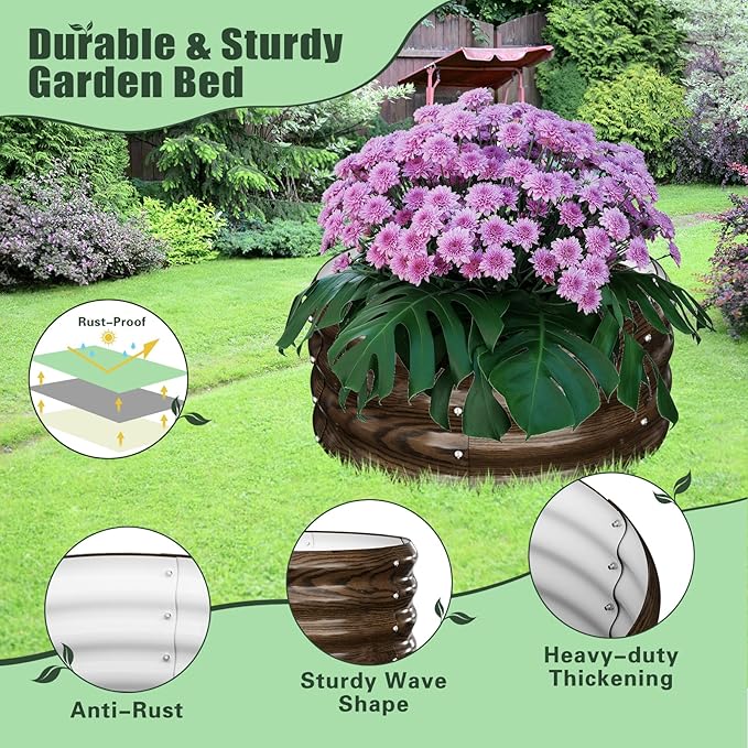 DoCred 3 Pack 2x2x1Ft Round Galvanized Raised Garden Bed Metal Garden Bed Outdoor with Tomato Cages for Gardening Above Ground Planter Box for Plants Vegetables Herbs Flowers Wood Grain