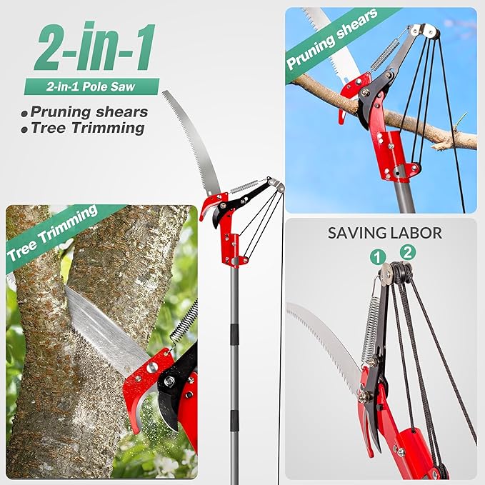 Suchtale Manual Pole Saw Pruning Saw Tree Pruner with Steel Blade &amp Scissors Tree Trimmer for High BranchesPalms and Shrubs 14FT Extendable Long Handle Limb Cutter Yard Garden Branch Trimmin
