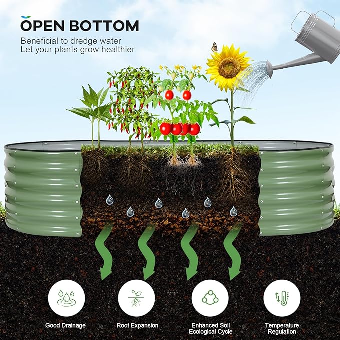 Galvanized Raised Garden Bed Outdoor 6x3x1.4ft Oval Metal Raised Beds for Gardening Rust-Resistant Garden Planter Box for Planting Vegetables Flowers Fruits in Lawn(Olive Green 2 Packs)