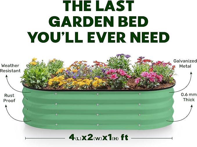 Plant &amp Plot Galvanized Raised Garden Beds Outdoor // 4×2×1 ft &amp 4×4×1 ft Planter Raised Beds for Gardening Vegetables Flowers // Large Metal Garden Box (Light Green)