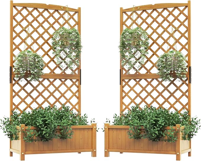 HAPPYGRILL 2 Pcs Raised Garden Bed 71 Wooden Planter Box with Trellis Drainage Holes Freestanding Elevated Garden Bed for Vine Climbing Plants (Yellow)