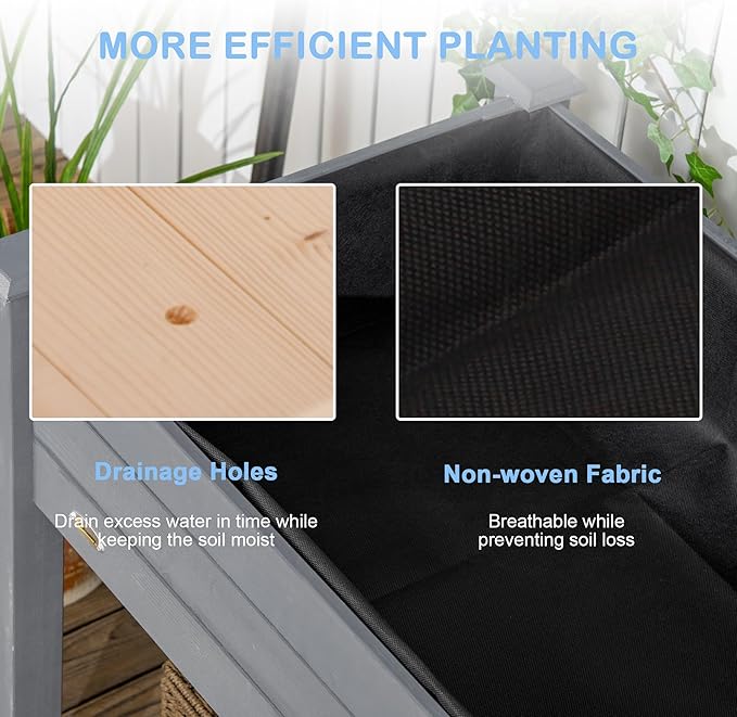 Outsunny Raised Garden Bed with Legs 48 x 22 x 30 Elevated Wooden Planter Box Self-Draining with Bed Liner for Vegetables Herbs and Flowers Backyard Patio Balcony Use Dark Gray