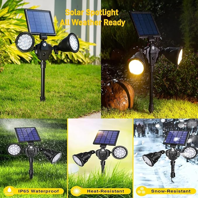 Solar Spot Lights Outdoor Waterproof Double Head Adjustable Bright LED Solar Motion Sensor Lights for Outside Garden Flag Pole Light Landscape Lighting for Patio Deck Yard Driveway