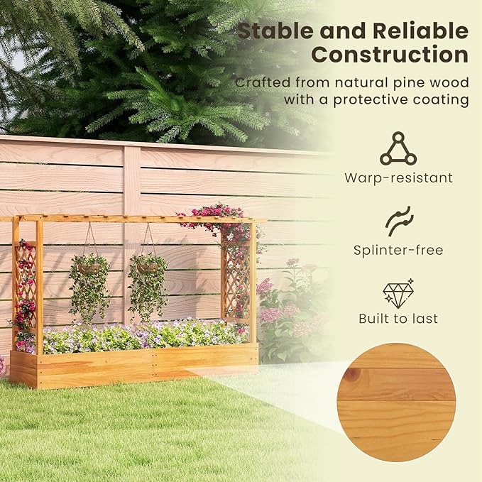Happygrill 45 Raised Garden Bed with Trellis 2 Pack Wood Planter Box w/Hanging Roof 2 Side Trellises Open-Ended Base for Flower Climbing Plant Plant Container for Garden