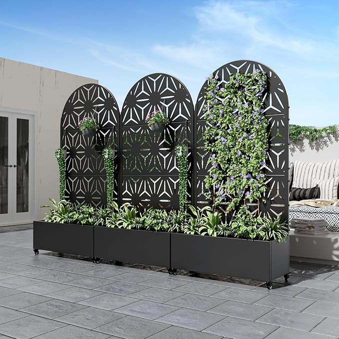 Casaphoria Metal Raised Garden Bed with Trellis and Wheels 72x35x16 Arched Planter Box for Climbing Plants Vegetables &amp Vines Features Drainage Holes and Privacy Screen (Black-Star)