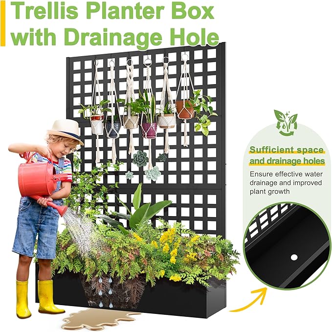 FENCY Metal Raised Garden Bed with Trellis Metal Planter Box with Trellis Garden Box for Climbing Plants Vegetable 47''Lx16''Wx71''H Garden Bed with Drainage Holes(Black)