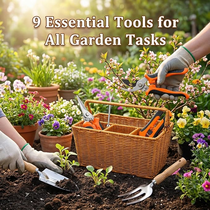 Garden Tools Set with Basket 9-Piece Garden Tools for Gardening with Woven Organizer Complete Gardening Hand Tools Set Gift for Women Men
