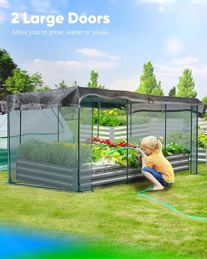 Quictent Galvanized Raised Garden Bed with Crop Cage Plant Protection Net Tent and Shade Cloth Kit Metal Planter Box Bottomless Planting Vegetables Outdoor Backyard Included T Tags Wing Nuts 8x4x1 Ft