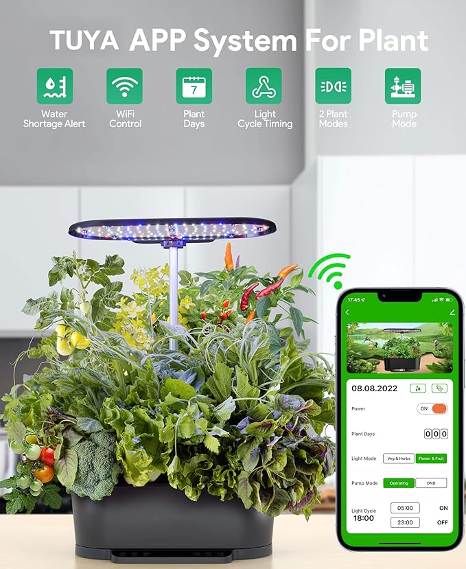 Hydroponic Growing System WiFi 15 Pods Indoor Garden with 5.5L Water Tank 76cm Adjustable Height Germination Kits App Controlled Garden Planter with LED Grow Light Pump System