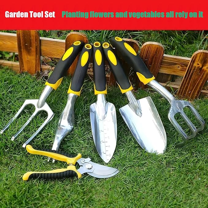 Garden Tool Set with Storage Bag 6-Piece Aluminum Alloy Hand Tools Ergonomic Handles Includes Trowel Pruner Cultivator Fork