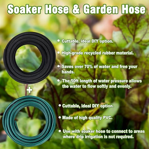 Customizable Soaker Hose System 1/2inch 75ft Rubber Hose with 50ft PVC Garden Hose Drip Irrigation Watering Hose with Reinforced Fittings for Flowers Bed Foundation Lawn Vegetable Tree