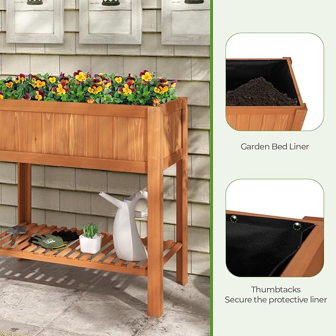 Giantex Raised Garden Bed Outdoor Elevated Fir Wood Garden Box with Legs Bottom Storage Shelf &amp Protective Liner Planter Raised Bed for Gardening Fruit Vegetables Herbs 39 Lx20 Wx39 H