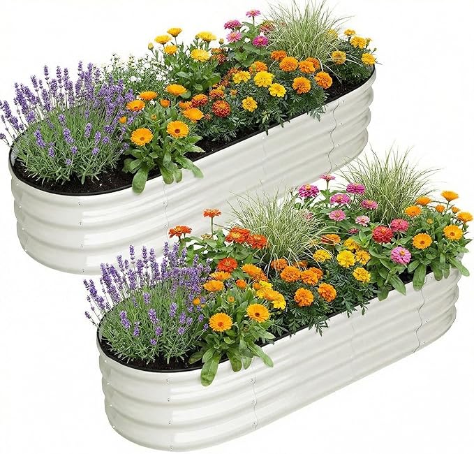 2 Pcs Oval Raised Garden Bed 4.5 * 2 * 1.5FT Galvanized Metal Planter Boxes with Open Base for Gardening Raised Bed Planter for Vegetables Flowers Beige