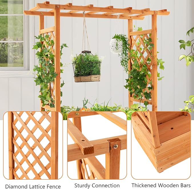 IRONMAX Raised Garden Bed with Trellis &amp Hanging Roof Fir Wood Planter Box for Vegetables Flower Climbing Plants Outdoor Garden Planter w/Drainage Holes for Backyard (1 43.5 x 17.5 x 44.5)