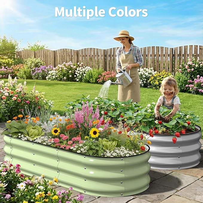 Kesfitt Raised Garden Bed 5x2x1 FT Galvanized Steel Metal Raised Garden Bed Oval Open-Bottom Design 12-Inch Deep for Outdoor Vegetable &amp Herb Gardening Silver