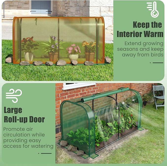 Giantex Raised Garden Bed with Cover Wood Elevated Planter Box with Legs &amp Mini Greenhouse Waterproof Sun-Protective PE Green House Cover Outdoor Use for Fruit Vegetable Flower Herb (Green+Natu