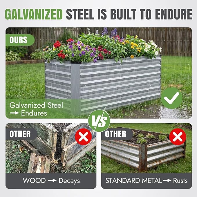 INNO STAGE 4x2x2ft Galvanized Raised Garden Bed Raised Garden Bed Kit-Metal Planter Box Outdoor Planting for Vegetables Fruits Herbs Flowers Silver