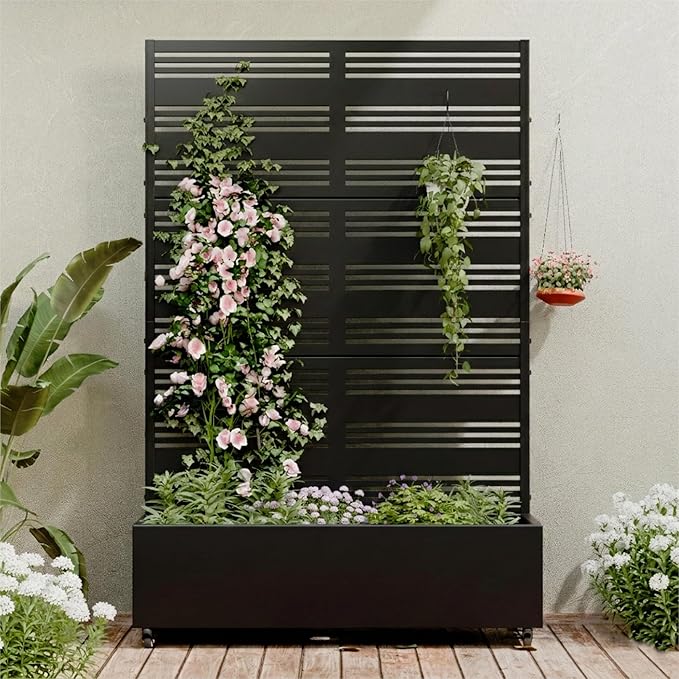 Casaphoria Metal Raised Garden Bed with Trellis and Wheels 72x47x16 Planter Box for Climbing Plants Vegetables &amp Vines Features Drainage Holes and Privacy Screen (Black-Harold)