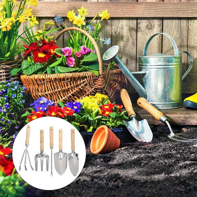 5pcs Garden Planting Tool Set with Wooden Handle – Handheld Stainless Steel Shovel Cultivator Rake and Weeding Tools for Outdoor Gardening and Soil Loosening