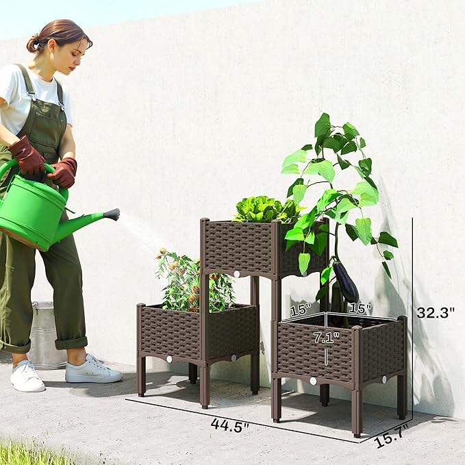Outsunny Plastic Raised Garden Bed with Legs Self Watering Elevated Planter Boxes with Drainage Holes and Plugs Easy Assembly Outdoor Planter Box for Patio Yard Balcony Vegetables Flowers Herbs