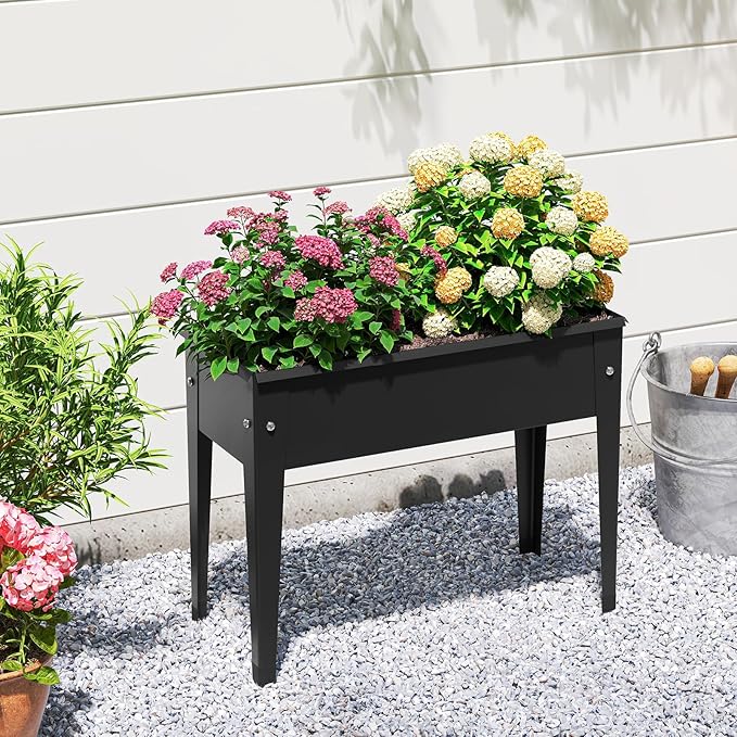 Raised Garden Bed with Legs 24 x 11 x 18 Inch Metal Elevated Planter Box w/Drainage Holes for Flowers Herbs Standing Raised Planter Bed for Indoor Outdoor Balcony Patio Backyard (1 Black)