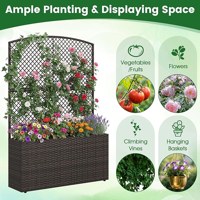 Byroce Raised Garden Bed PE Rattan Planter Box with Lattice Trellis Liner &amp Drainage Outdoor Standing Privacy Planter for Patio Balcony Climbing Plants &amp Hanging Flower (1 Brown 40” x 11”