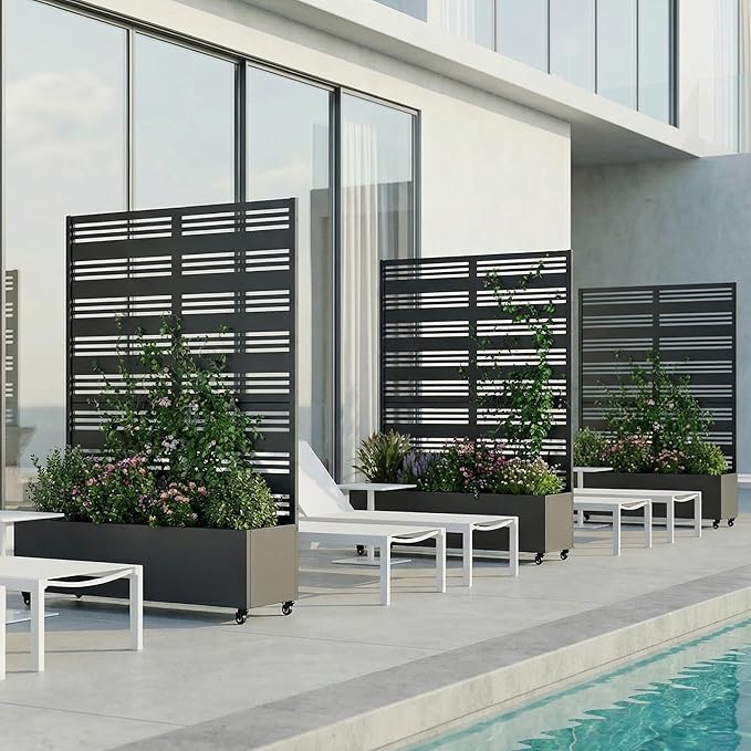 Casaphoria Metal Raised Garden Bed with Trellis and Wheels 72x47x16 Planter Box for Climbing Plants Vegetables &amp Vines Features Drainage Holes and Privacy Screen (Black-Harold)