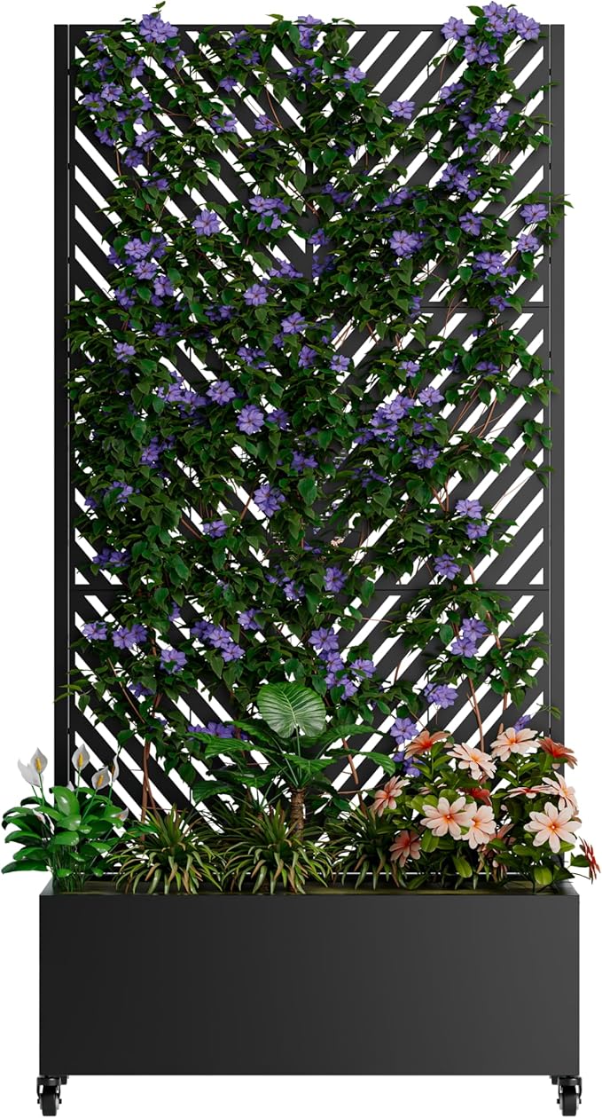 73'' Metal Raised Garden Bed with Trellis Planter Box Outdoor with 4 Wheels &amp Privacy Screen Galvanized Raised Beds Planters Flower Box for Climbing Plants Vegetables (Black4)