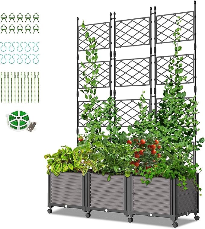 SUNYRISY Planter Box Privacy Screen with Wheels and Trellis Tomato Planter Boxes Vertical Garden Box for Climbing Vegetables and Flowers Raised Garden Bed for Indoor/Outdoor