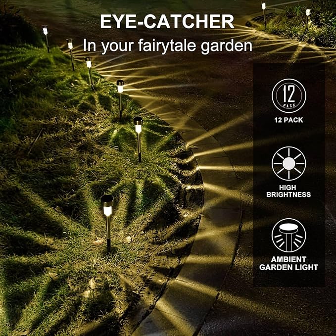 12PCS Solar Garden Stake Light Weatherproo for Outdoor Pathway LightingStainless Steel LED Landscape No Wires Required with Automatic Night Activation(White)