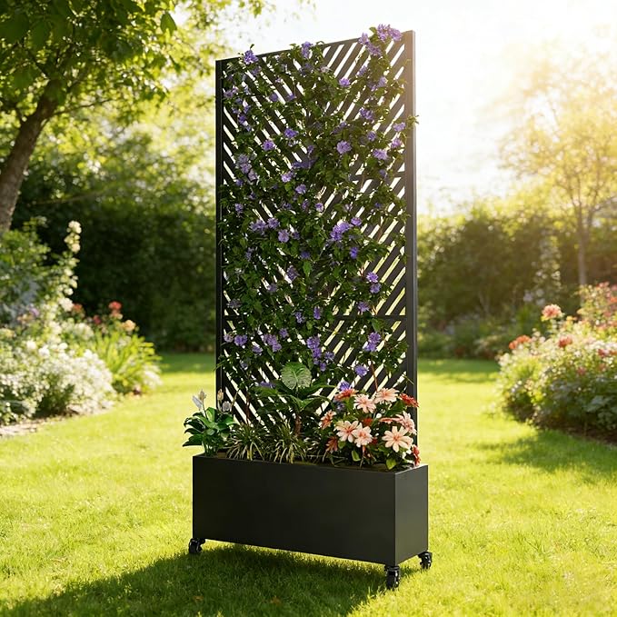 Sturdy 47x16x73 Inch Galvanized Steel Raised Garden Bed with Trellis Metal Planter Box on Wheels for Patio Privacy Screen 12 Inch Deep Root Mobile Vertical Garden Planter for Climbing Plants (M3)