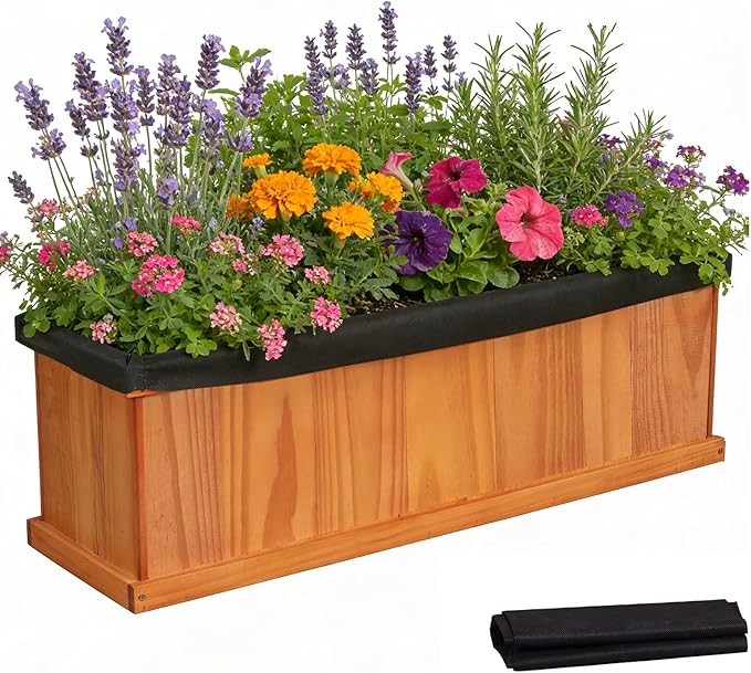 IRONMAX Wood Raised Garden Bed Outdoor Planter Box with Detachable Bottom Drainage Holes Protective Liner Rectangular Planting Bed for Yard Patio Balcony (Orange 28”x10”x10”)