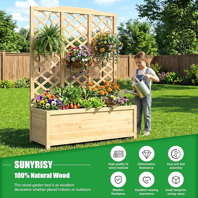SUNYRISY Raised Garden Bed with Trellis for Climbing Plant Outdoor 59x44x16 Wooden Vertical Planter Box with Privacy Screen for Gardening Vine Flowers Vegetables