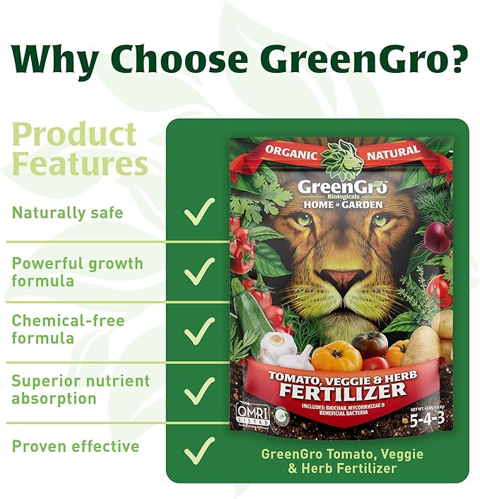 GreenGro Veggie Herb &amp Tomato Fertilizer - Outdoor &amp Indoor Plant Food for Edible Plants/Organic Fertilizer &amp Flower Food for Vegetable Garden/Improve Harvest with Vital Plant Nutrients